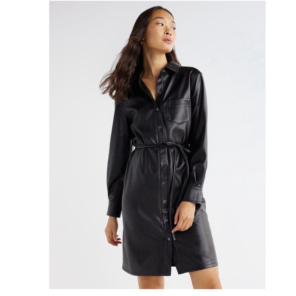 NWT faux leather button down shirt dress with tie belt xxl